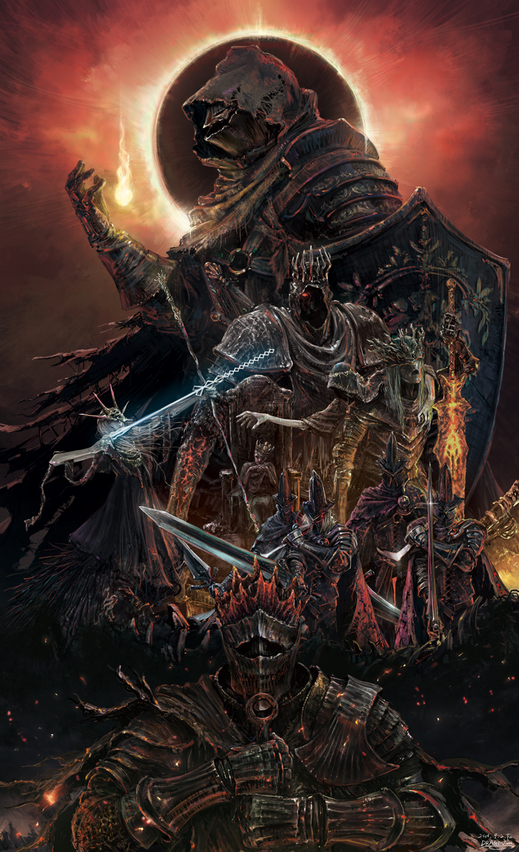 abyss_watcher, aldrich_devourer_of_gods, armor, arrow, ashen_one_(dark_souls_3), ashes, bow_(weapon), brothers