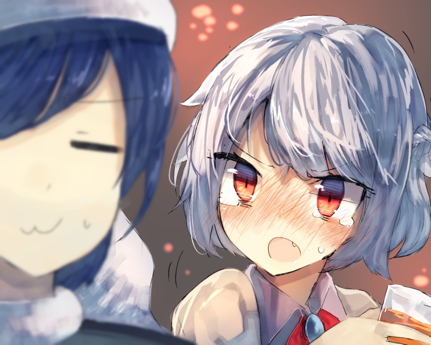 2girls, alcohol, beer, bei_mochi, blue_hair, blurry, brooch, closed_eyes