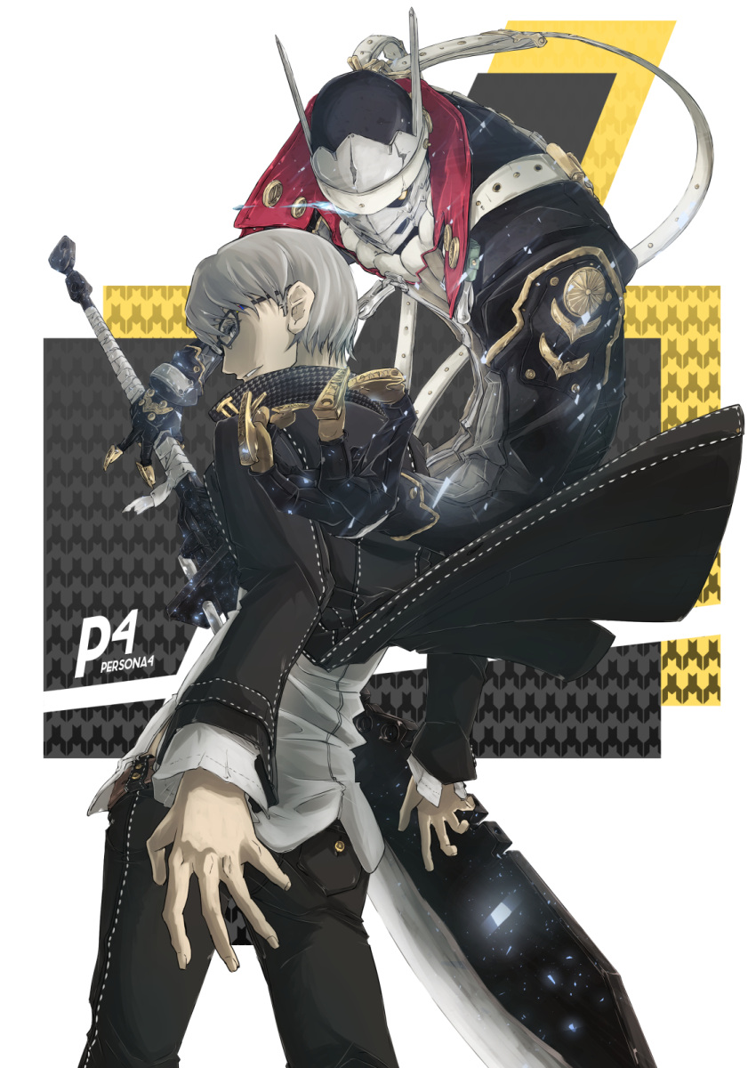2boys, back, claws, glasses, grey_hair, highres, izanagi, looking_at_viewer, looking_back, multiple_boys, narukami_yuu, persona, persona_4, pose, school_uniform, sword, vandana, weapon