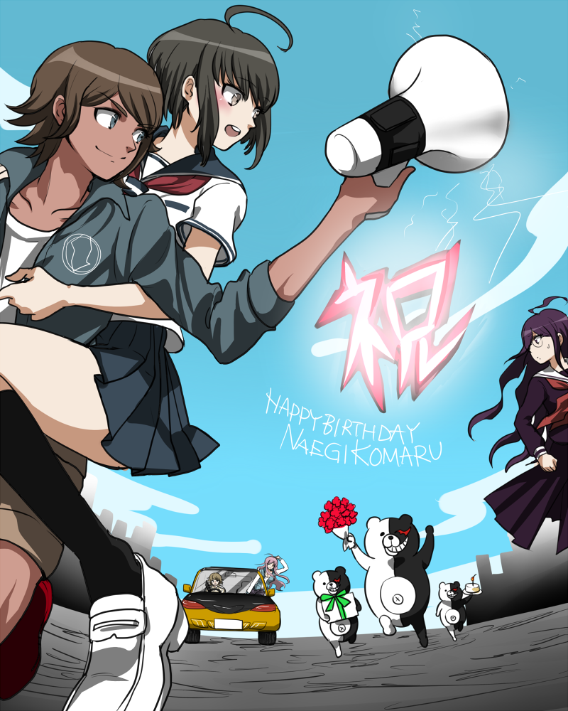 2boys, 3girls, ahoge, asahina_yuuta, birthday_cake, blonde_hair, blue_eyes, blue_sky