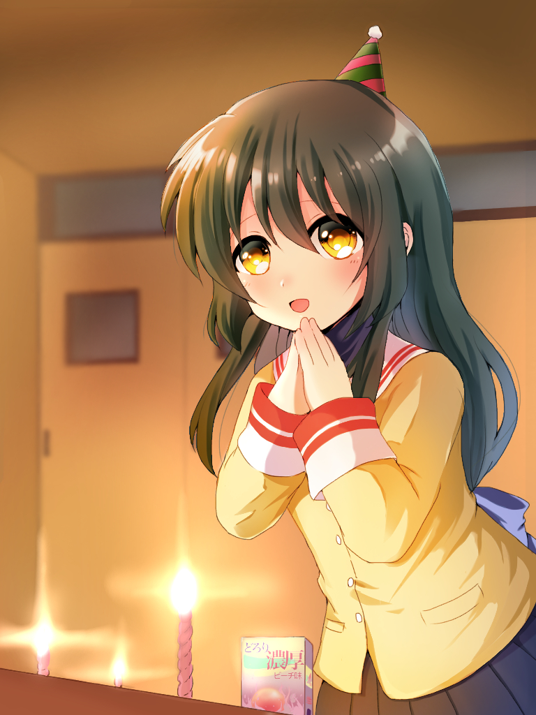 1girl, black_hair, candle, clannad, daamiyan, hair_ribbon, hands_together, hat, ibuki_fuuko, long_hair, party_hat, ribbon, school_uniform, serafuku, yellow_eyes