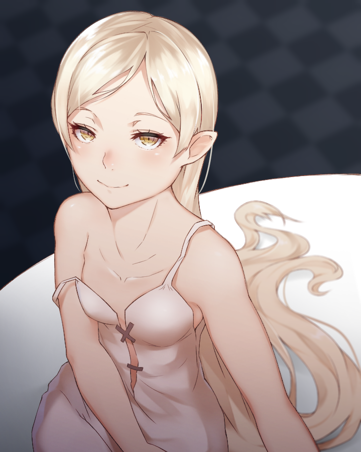 1girl, ankh_(ankh_05), bare_shoulders, blonde_hair, collarbone, kiss-shot_acerola-orion_heart-under-blade, kizumonogatari, long_hair