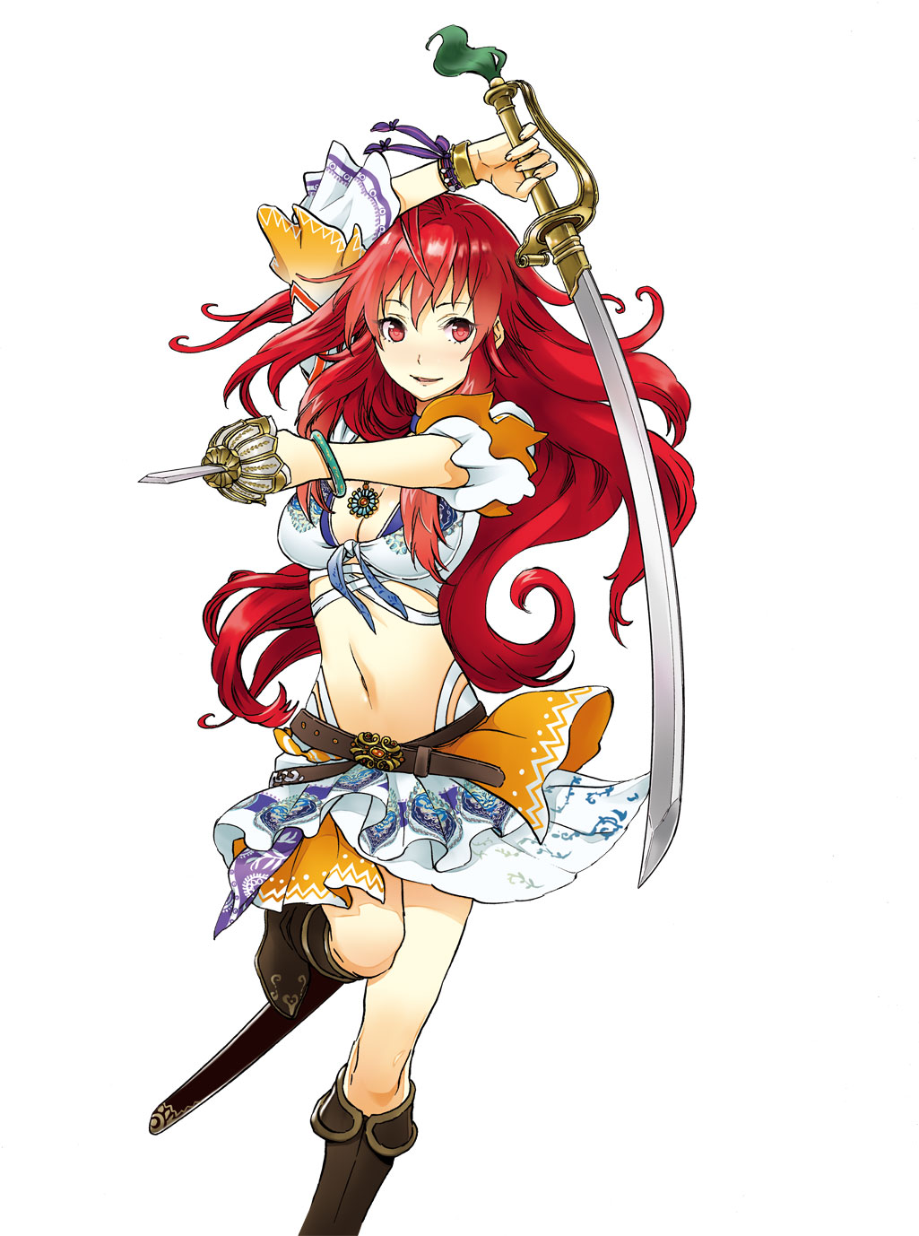 1girl, arm_up, belt, boots, bracelet, breasts, cleavage, dual_wielding, highleg, highleg_panties, highres, holding, holding_sword, holding_weapon, jewelry, kawakami_taiki, knee_boots, long_hair, looking_at_viewer, medium_breasts, midriff, navel, panties, red_eyes, redhead, simple_background, skirt, smile, solo, sword, tenkyou_no_alderamin, underwear, weapon, white_background, yatorishino_xam