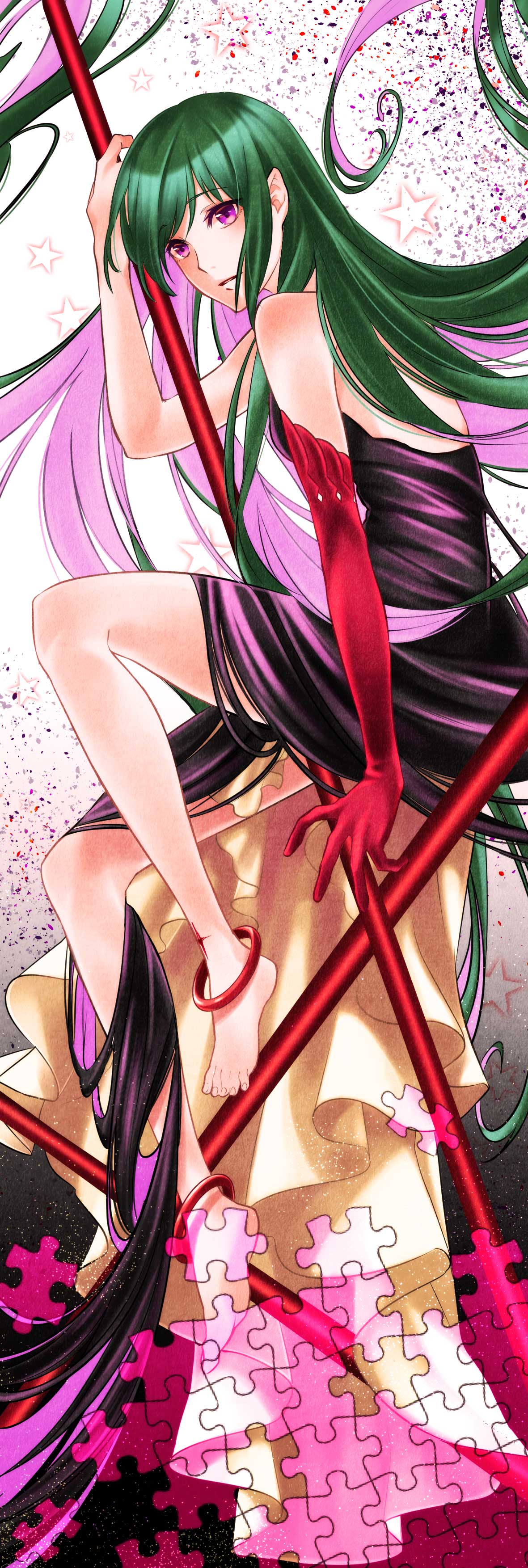1girl, absurdres, anklet, asymmetrical_gloves, barefoot, black_dress, d.gray-man, dress, elbow_gloves, gloves, green_hair, highres, jewelry, lenalee_lee, long_hair, multicolored_hair, pink_eyes, pink_hair, puzzle_piece, red_gloves, solo, star, two-tone_hair, wanwanlove