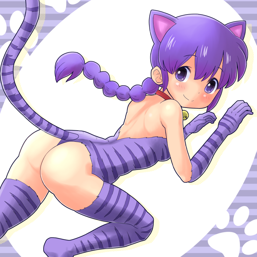 1girl, animal_ears, ass, bare_shoulders, bell, bell_collar, braid, cat_ears