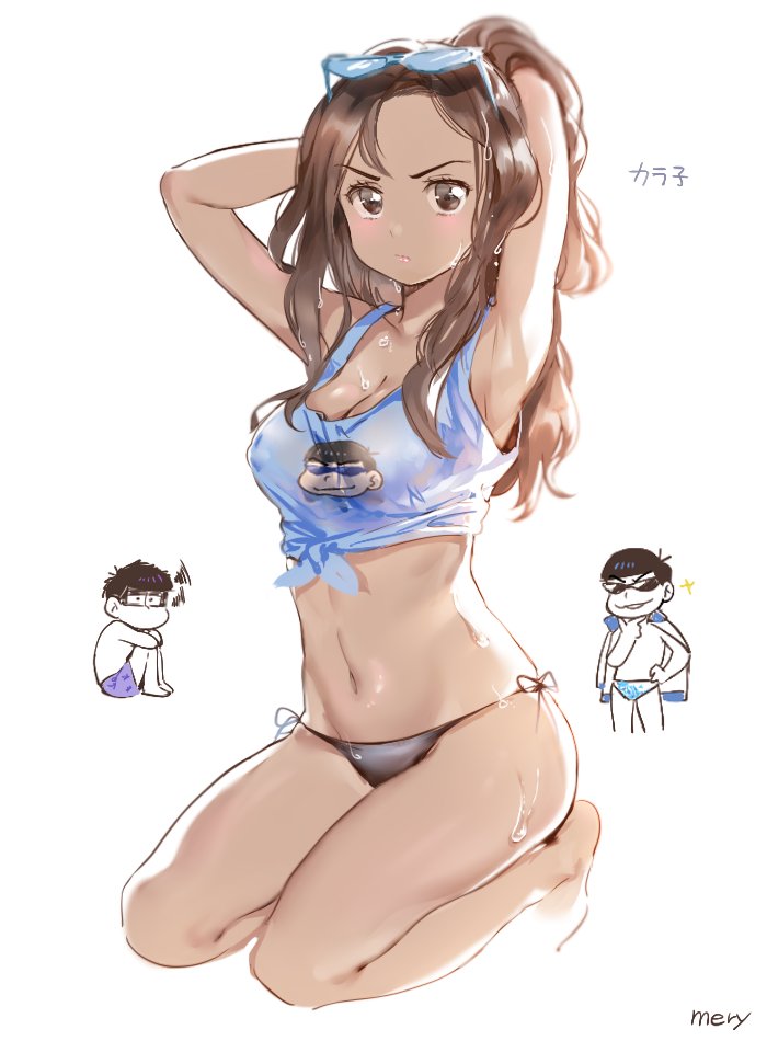 >:/, 1girl, 2boys, artist_name, barefoot, bikini, black_bikini_bottom, black_hair