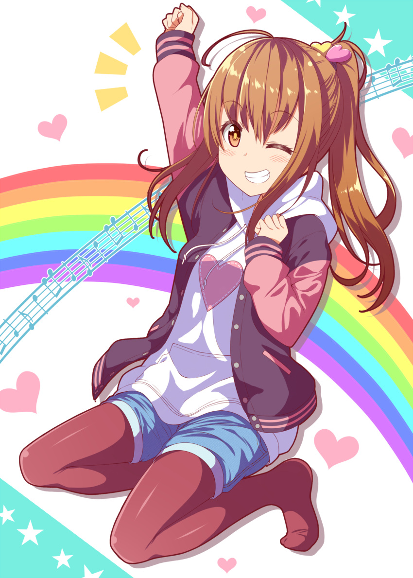 1girl, ahoge, blue_shorts, blush, brown_eyes, brown_hair, brown_legwear, character_request