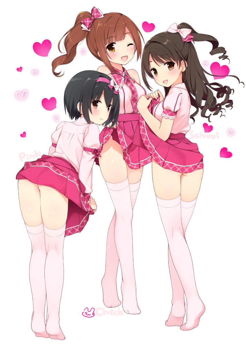 3girls, ahoge, ass, bare_shoulders, bent_over, black_hair, blush, bow