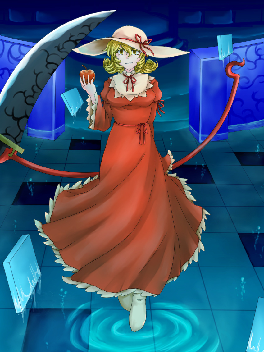 1girl, apple, blonde_hair, dress, elly, food, fruit, hat, highres, mugenkan, scythe, tiles, touhou, touhou_(pc-98), yellow_eyes, yumedamauru