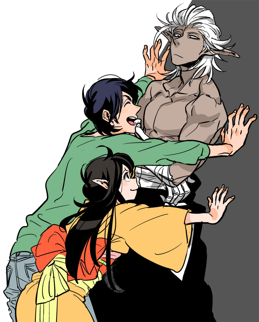 1girl, 2boys, bone, closed_eyes, crossed_arms, dark_skin, dark_skinned_male, denim, hair_slicked_back, japanese_clothes, jeans, kimono, long_hair, looking_at_another, looking_up, multiple_boys, obi, original, pants, pointy_ears, sash, smile, wall, wall_slam, white_hair, you_(wsynkk)