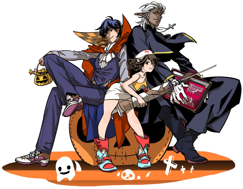 1girl, 2boys, bible, blue_hair, book, brown_hair, cape, cross, cross_necklace, crossed_legs, dark_skin, dark_skinned_male, ghost, halloween, hat, high_collar, jack-o'-lantern, jewelry, large_syringe, looking_at_viewer, multiple_boys, necklace, nurse, nurse_cap, original, oversized_object, pointy_ears, priest, simple_background, sitting, syringe, vampire_costume, waistcoat, white_background, white_hair, you_(wsynkk)