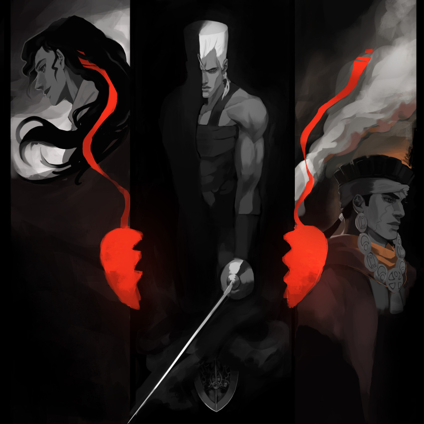 1girl, 2boys, absurdres, arrow, brother_and_sister, earrings, facial_mark, greyscale, headband, highres, jean_pierre_polnareff, jewelry, jojo_no_kimyou_na_bouken, mohammed_avdol, monochrome, multiple_boys, muscle, onebravecookie, pillarboxed, ponytail, rapier, serious, sherry_polnareff, siblings, spot_color, sword, weapon