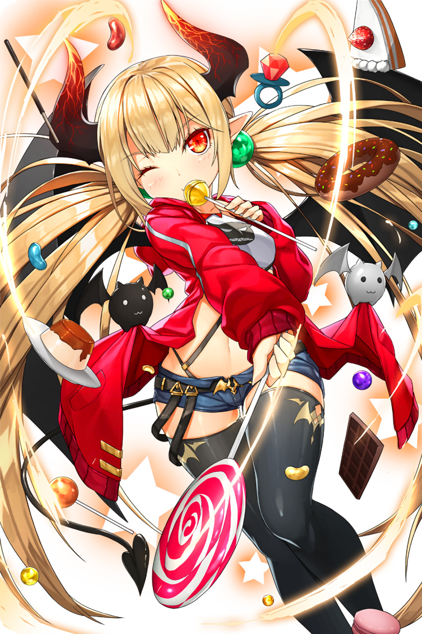 1girl, artist_request, bat, black_legwear, blonde_hair, candy, chocolate_bar, demon_horns