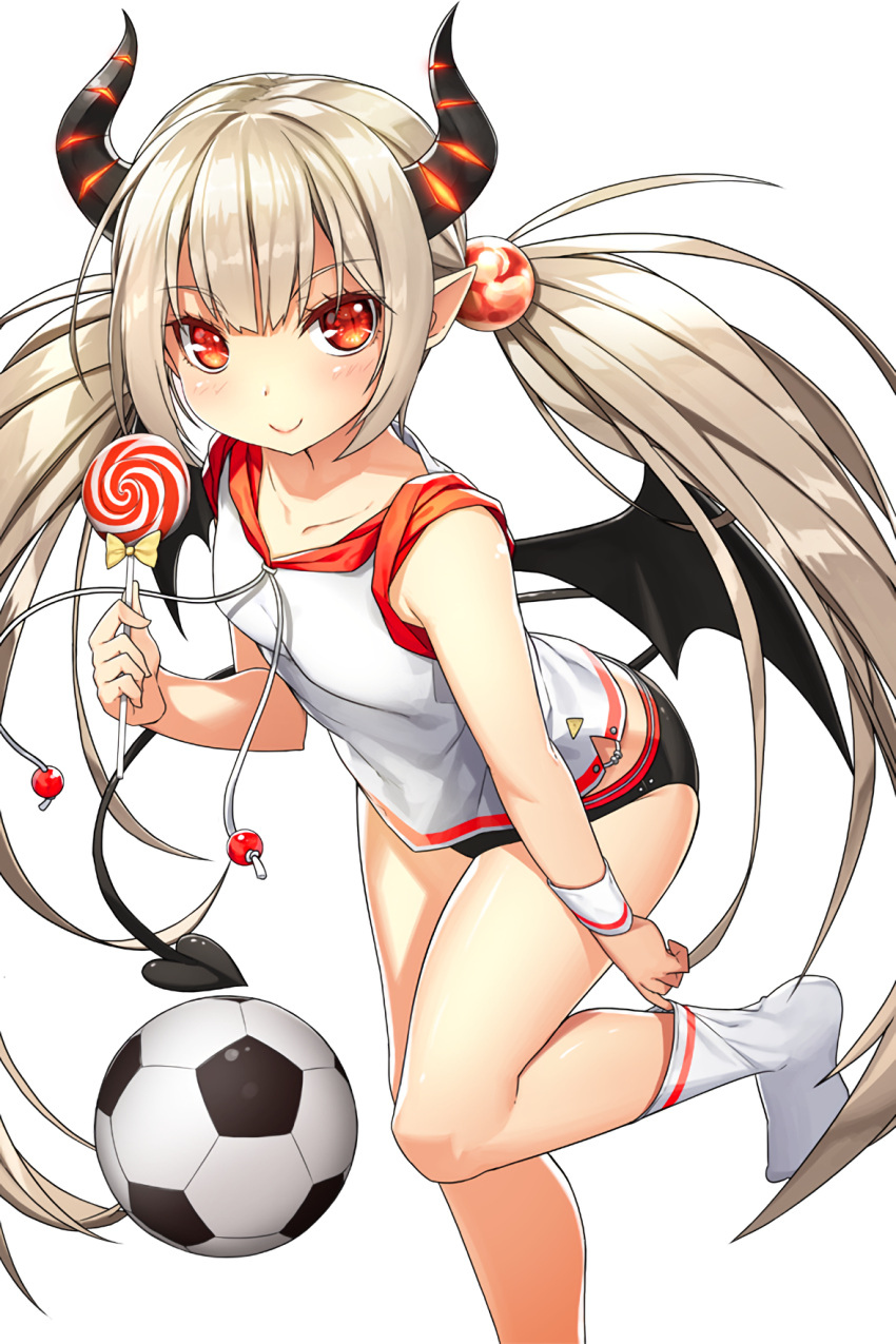 1girl, adjusting_clothes, adjusting_legwear, artist_request, ball, candy, demon_horns, demon_tail, hair_bobbles, hair_ornament, highres, horns, light_brown_hair, lollipop, long_hair, looking_at_viewer, official_art, pointy_ears, red_eyes, renee_(soccer_spirits), smile, soccer_ball, soccer_spirits, socks, standing, standing_on_one_leg, tail, twintails, white_legwear, wings
