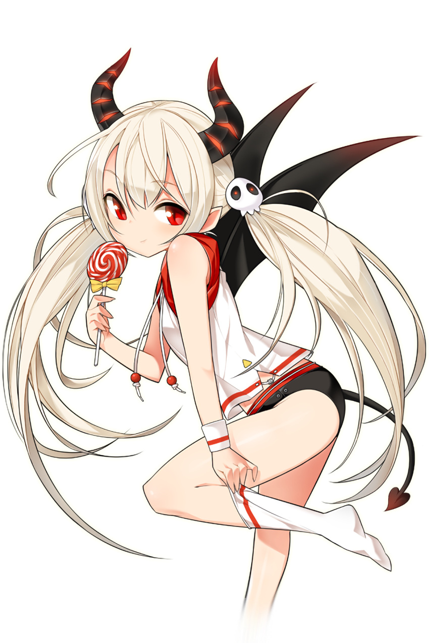 1girl, adjusting_clothes, adjusting_legwear, blonde_hair, candy, cho_(ss), demon_horns, demon_tail, hair_ornament, highres, horns, lollipop, long_hair, looking_at_viewer, official_art, pointy_ears, red_eyes, renee_(soccer_spirits), skull_hair_ornament, soccer_spirits, socks, solo, standing, standing_on_one_leg, tail, transparent_background, twintails, white_legwear, wings