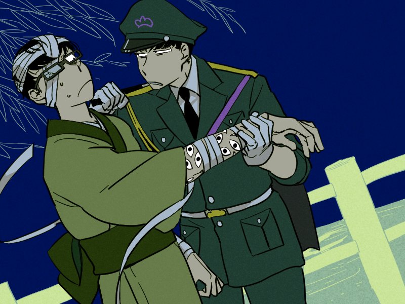 2boys, bandages, baton, bridge, broken_glasses, brothers, dodomeki, dutch_angle