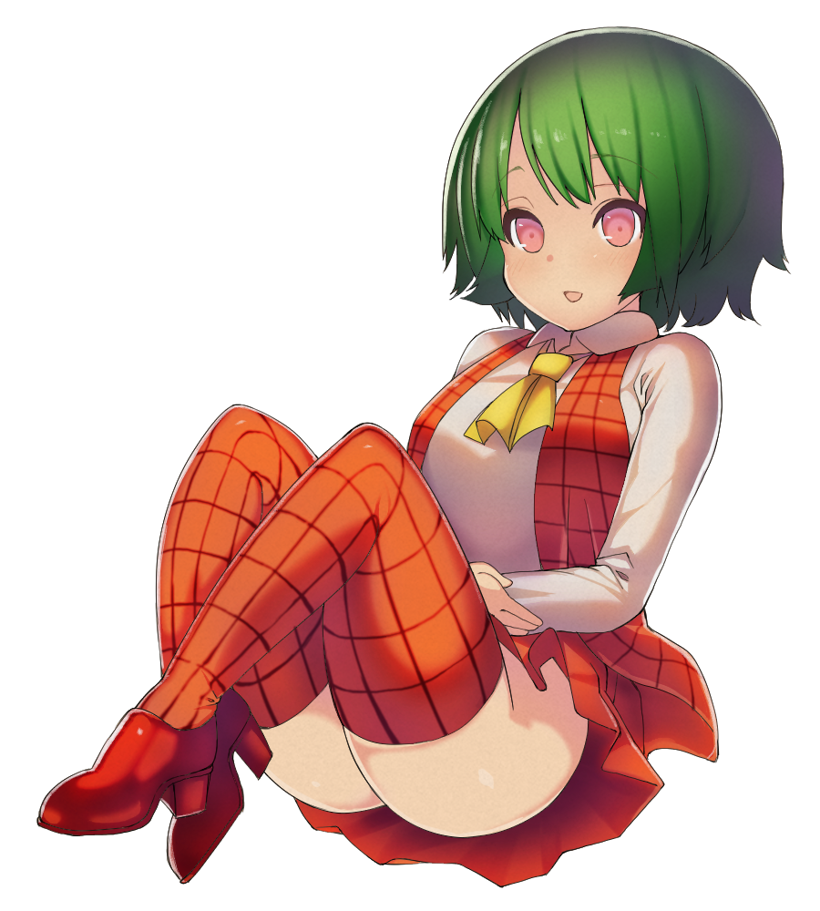 1girl, :d, adapted_costume, ascot, ass, blush, collared_shirt, full_body, green_hair, high_heels, kazami_yuuka, long_sleeves, looking_at_viewer, miniskirt, no_panties, open_clothes, open_mouth, open_vest, pink_eyes, plaid, plaid_legwear, plaid_vest, red_shoes, shiny, shiny_hair, shirt, shoes, short_hair, skirt, smile, solo, thighs, touhou, vest, white_shirt, zuttokodomo