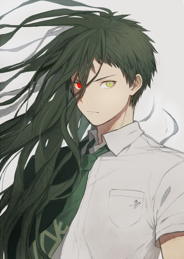 1boy, closed_mouth, collared_shirt, dangan_ronpa, frown, fusion, green_hair, green_necktie