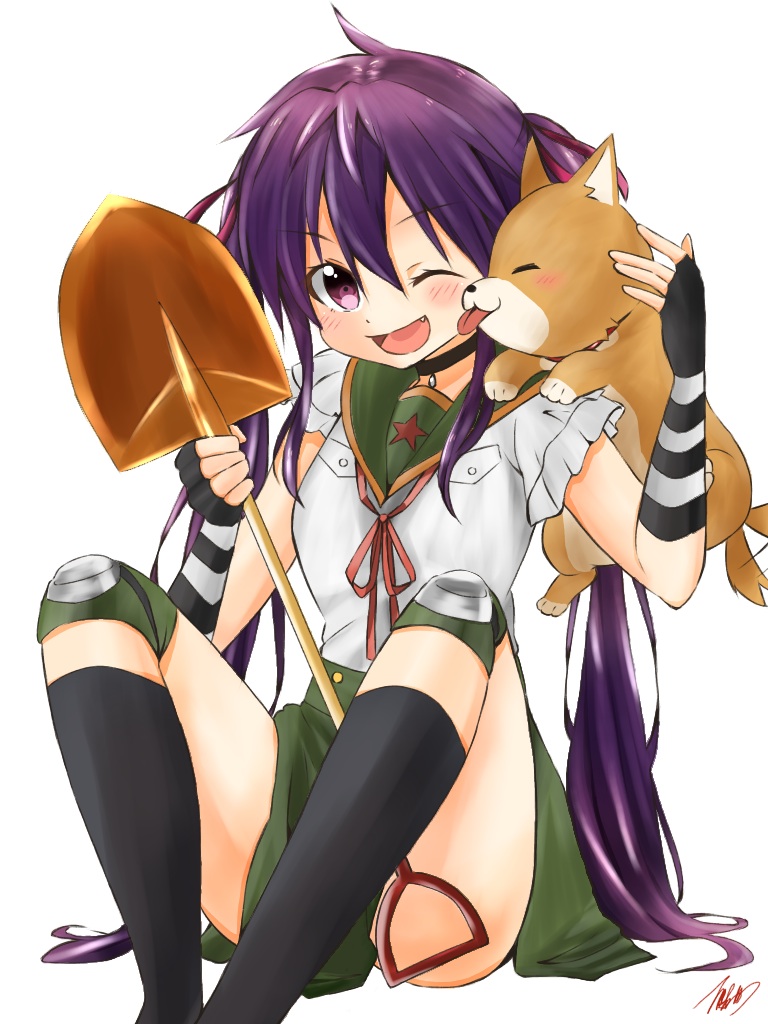 1girl, ;d, blush, dog, ebisuzawa_kurumi, fang, fingerless_gloves, gakkou_gurashi!