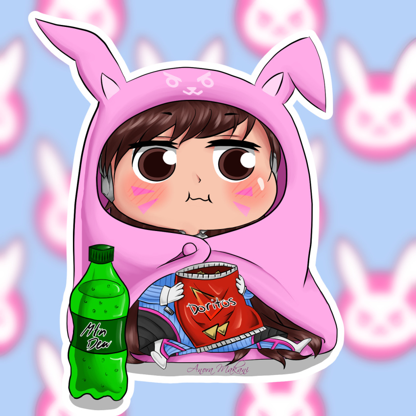 1girl, animal_hood, anora_makani, blush, chibi, commentary, cosplay, d.va_(gremlin)