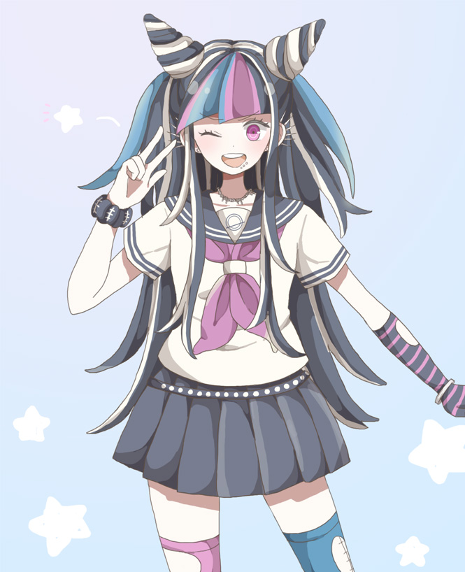 1girl, black_hair, dangan_ronpa, jewelry, long_hair, mikuni_(open-ranka), mioda_ibuki, multicolored_hair