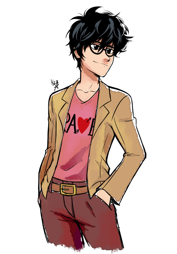 1boy, atlus, black_hair, catherine_(game), company_connection, cosplay, glasses, hand_in_pocket, kitsune23star, kurusu_akira, persona, persona_5, smile, solo, upper_body, vincent_brooks, vincent_brooks_(cosplay)