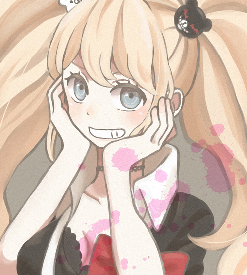 1girl, blonde_hair, blue_eyes, breasts, cleavage, dangan_ronpa, dangan_ronpa_1, enoshima_junko