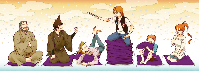 1girl, 5boys, brothers, family, father_and_son, highres, husband_and_wife, long_hair, mother_(uchouten_kazoku), mother_and_son, multiple_boys, ponytail, shimogamo_souichirou, shimogamo_yaichirou, shimogamo_yajirou, shimogamo_yasaburou, shimogamo_yashirou, short_hair, shouten, siblings, uchouten_kazoku, yukiwa