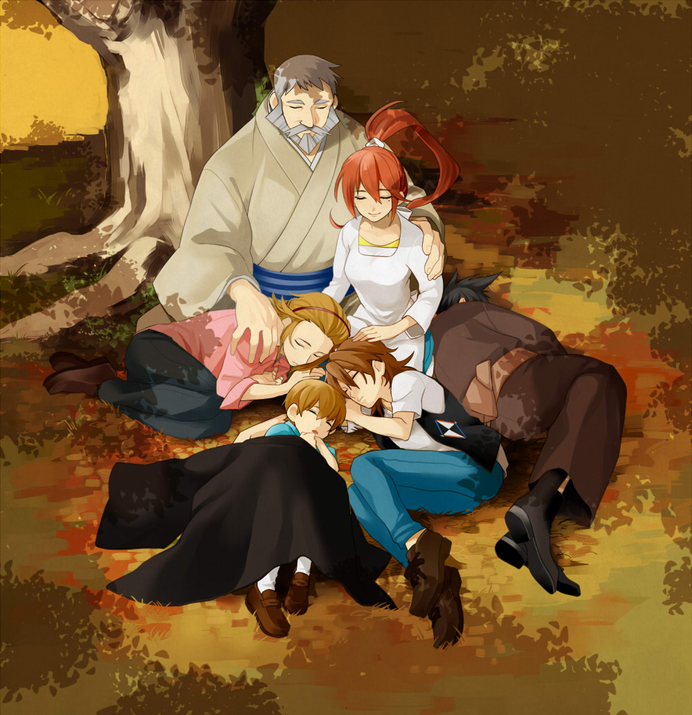 1girl, 5boys, blanket, brothers, family, father_and_son, husband_and_wife, long_hair