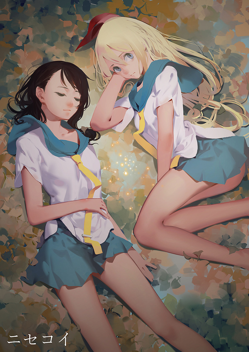 2girls, bare_legs, blonde_hair, breasts, brown_hair, closed_eyes, duplicate, gamma_(geoffrey), hair_ribbon, highres, kirisaki_chitoge, long_hair, long_legs, lying, multiple_girls, nisekoi, onodera_kosaki, red_ribbon, ribbon, school_uniform, serafuku, sleeping, small_breasts