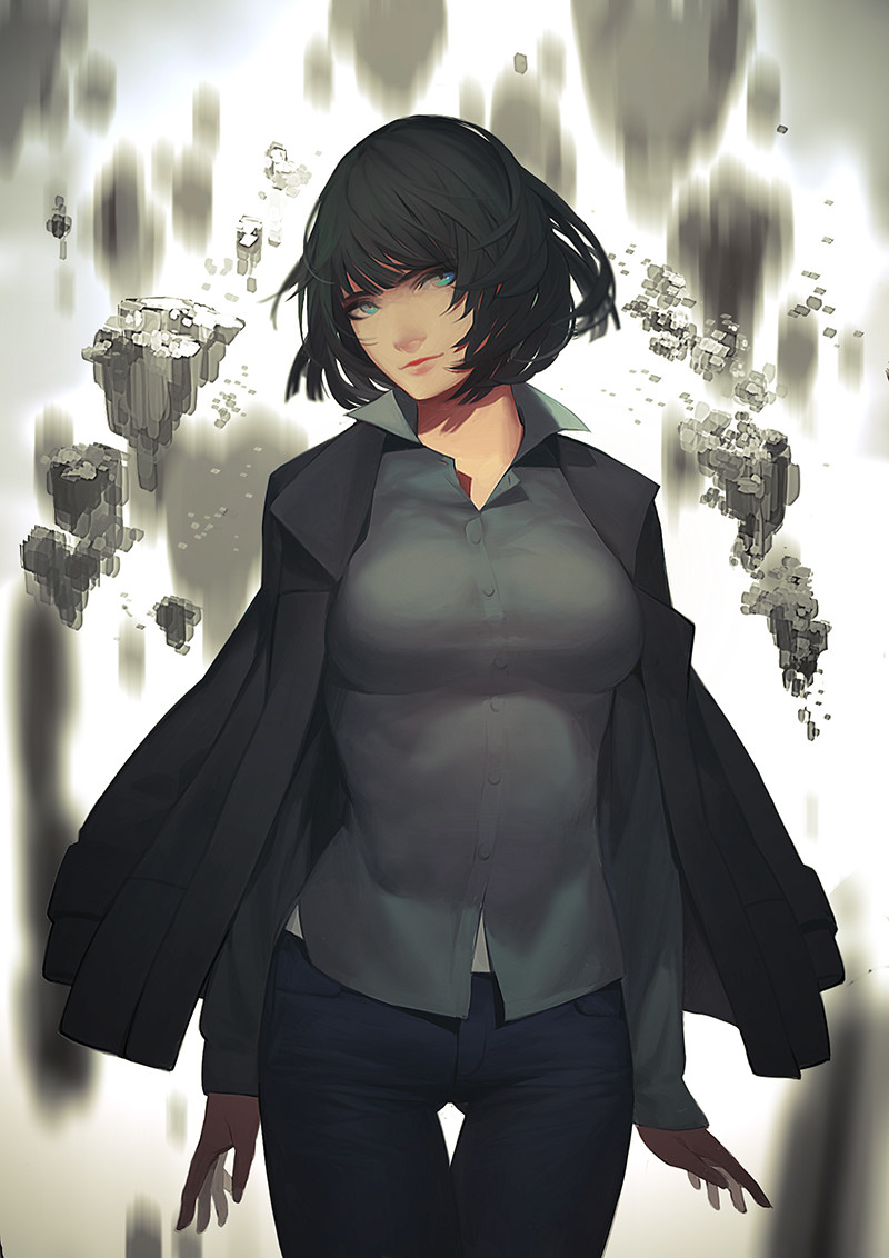 1girl, black_hair, breasts, commentary, cowboy_shot, floating_rock, fubuki_(one-punch_man), gamma_(geoffrey)