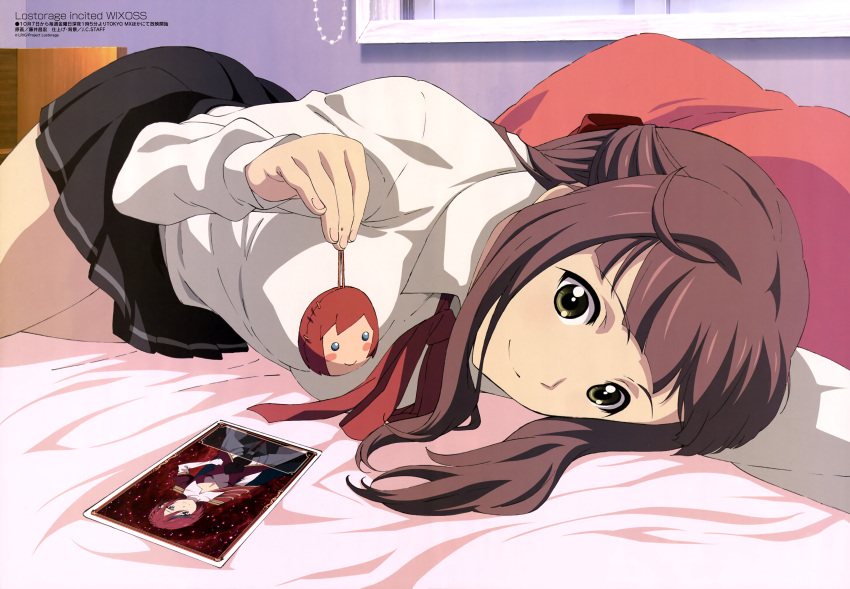 1girl, absurdres, bed, brown_hair, card, fujii_masahiro, green_eyes, half_updo