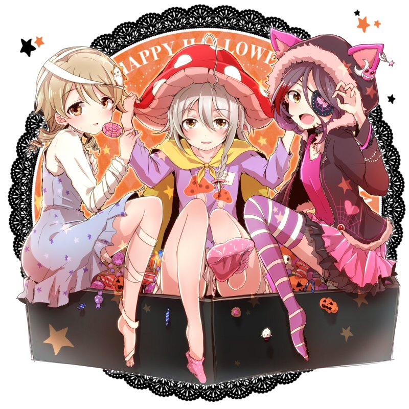 3girls, ahoge, animal_ears, bandages, barefoot, blonde_hair, candy, cape