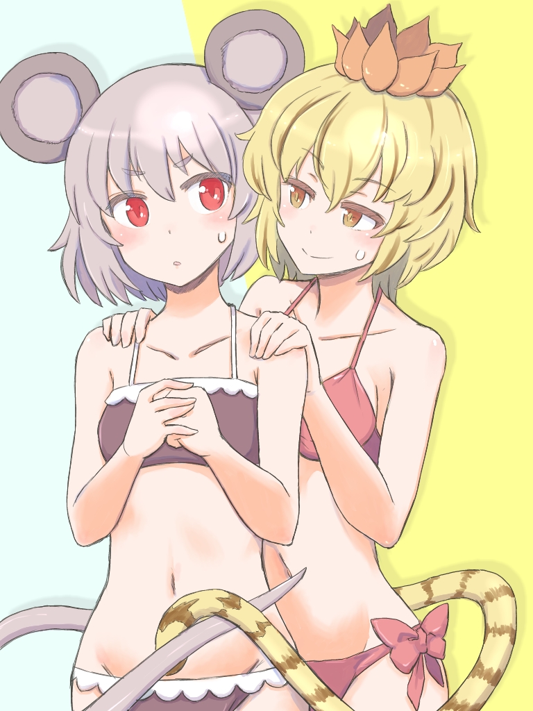 2girls, animal_ears, bikini, blonde_hair, blush, breasts, collarbone, commentary_request
