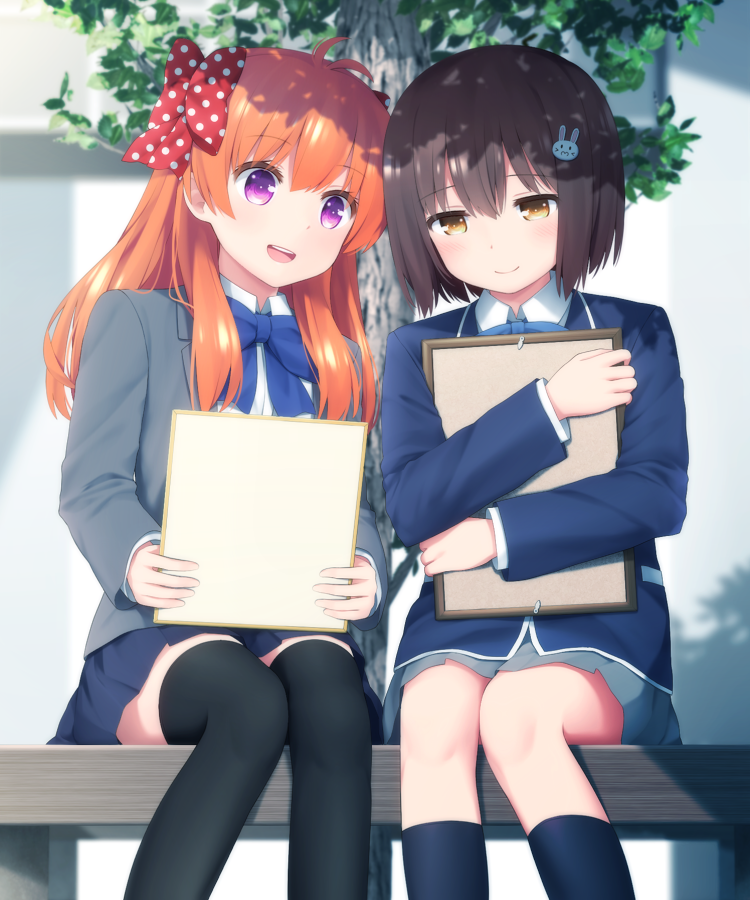 2girls, black_legwear, blazer, blush, bob_cut, bow, brown_eyes, brown_hair