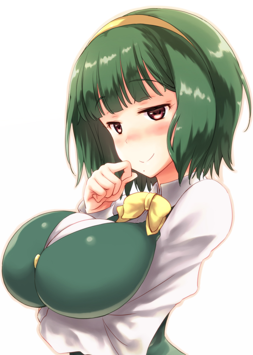 1girl, bangs, blunt_bangs, blush, bow, bowtie, breast_hold, breasts, buttons, clenched_hand, collared_shirt, from_side, fuyube_rion, green_hair, hairband, half-closed_eyes, hand_up, highres, idolmaster, large_breasts, long_sleeves, looking_at_viewer, mole, mole_under_mouth, naughty_face, nose_blush, orange_hairband, otonashi_kotori, outline, red_eyes, revision, shirt, short_hair, simple_background, smile, solo, upper_body, vest, white_background