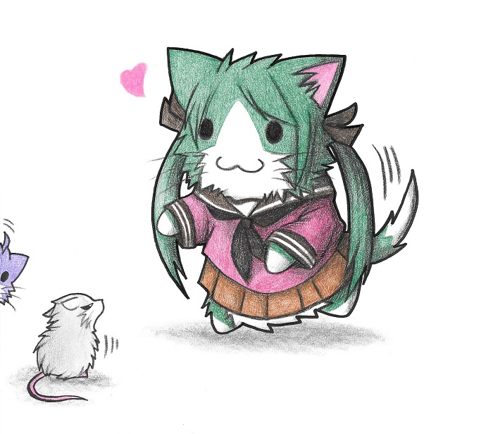 :3, ahoge, animal_ears, animalization, cat, cat_ears, cat_tail, check_commentary