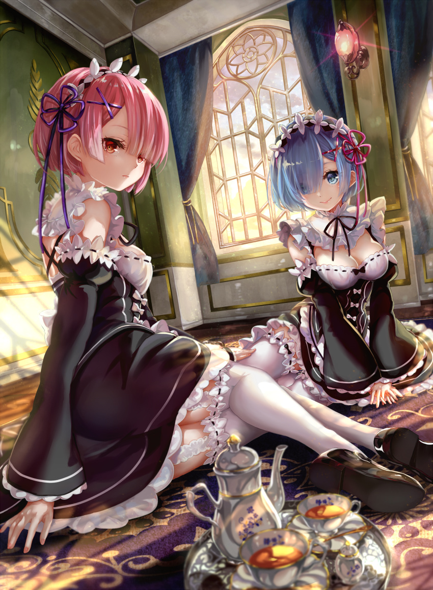 2girls, absurdres, apron, arm_behind_back, bangs, black_shoes, black_skirt, blue_eyes
