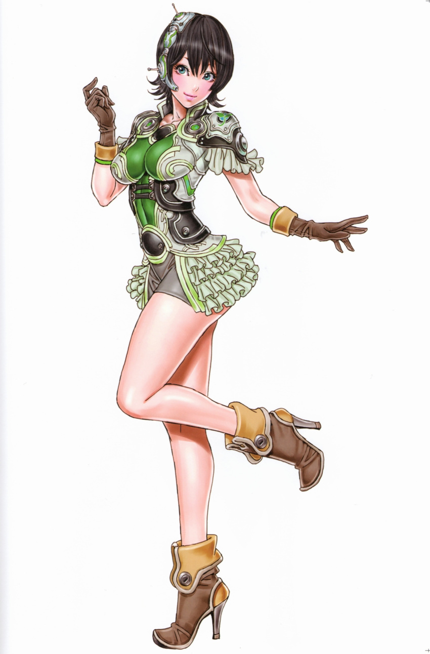 1girl, aqua_eyes, black_hair, blue_eyes, boots, border_break, chihiro_(border_break), closed_mouth, female, frilled_skirt, frilled_sleeves, frills, full_body, gloves, headgear, high_heel_boots, high_heels, highres, miniskirt, one_leg_raised, shoes, short_hair, short_sleeves, shoulder_pads, simple_background, skin_tight, skirt, smile, solo, standing, standing_on_one_leg, white_background, yamashita_shun'ya