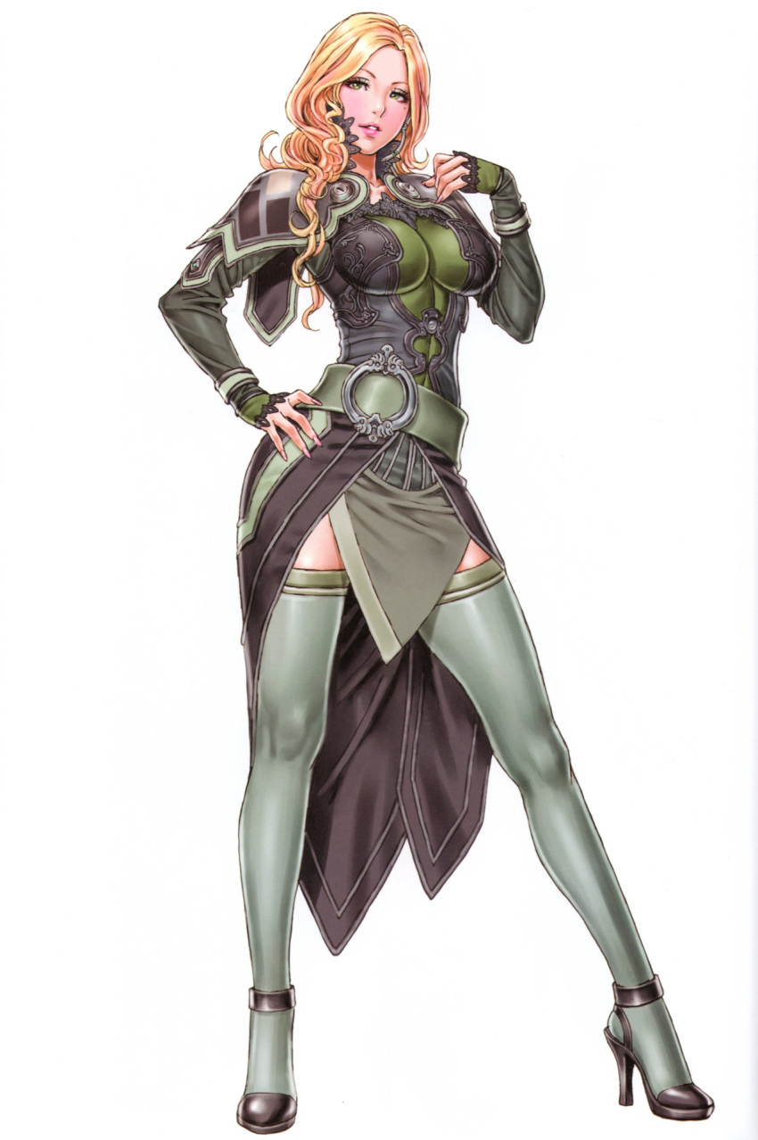 1girl, bangs, belt, belt_buckle, beltskirt, blonde_hair, border_break, breasts, buckle, contrapposto, cowboy_shot, dress, eyelashes, female, fingernails, full_body, green_eyes, hand_on_hip, high_collar, high_heels, highres, hilda_(border_break), large_breasts, lips, long_fingernails, long_hair, long_sleeves, looking_at_viewer, mole, mole_under_eye, parted_lips, shoes, shoulder_pads, side_slit, simple_background, smile, solo, standing, thigh-highs, thighhighs, white_background, yamashita_shun'ya
