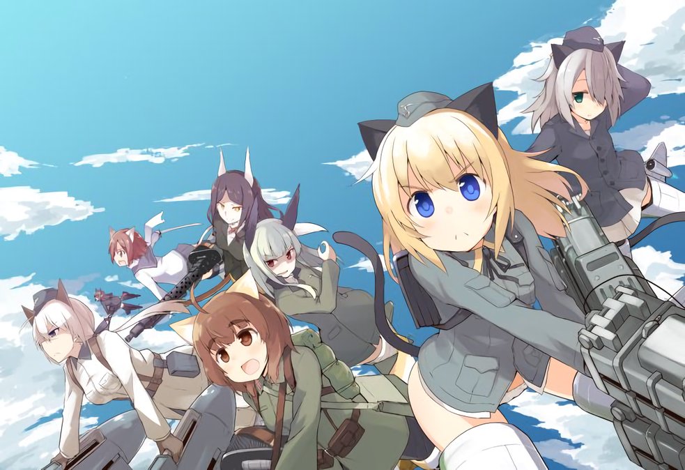 6+girls, animal_ears, artist_request, blonde_hair, blue_eyes, brown_eyes, character_request, clouds