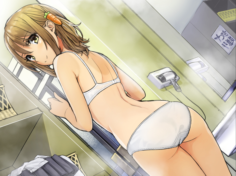 1girl, ass, blonde_hair, blush, bra, clothes_removed, dutch_angle, hair_ornament