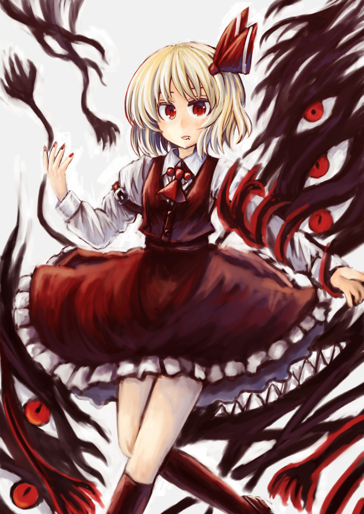 1girl, :o, blonde_hair, darkness, eyes, frilled_skirt, frills, fullmetal_alchemist, gesu02, pride, red_eyes, rumia, shirt, short_hair, skirt, touhou, vest