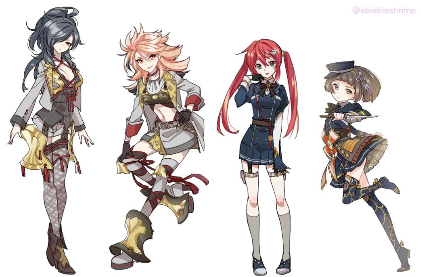4girls, armor, black_gloves, blonde_hair, breasts, brown_eyes, brown_hair, cleavage