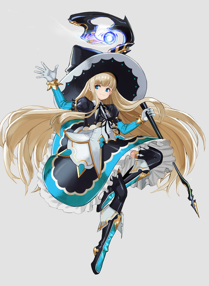 1girl, big_hat, black_legwear, black_ribbon, blonde_hair, blue_eyes, boots, cropped_jacket