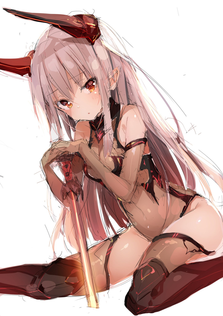 1girl, bangs, bare_shoulders, blush, borrowed_character, breasts, brown_gloves, brown_legwear