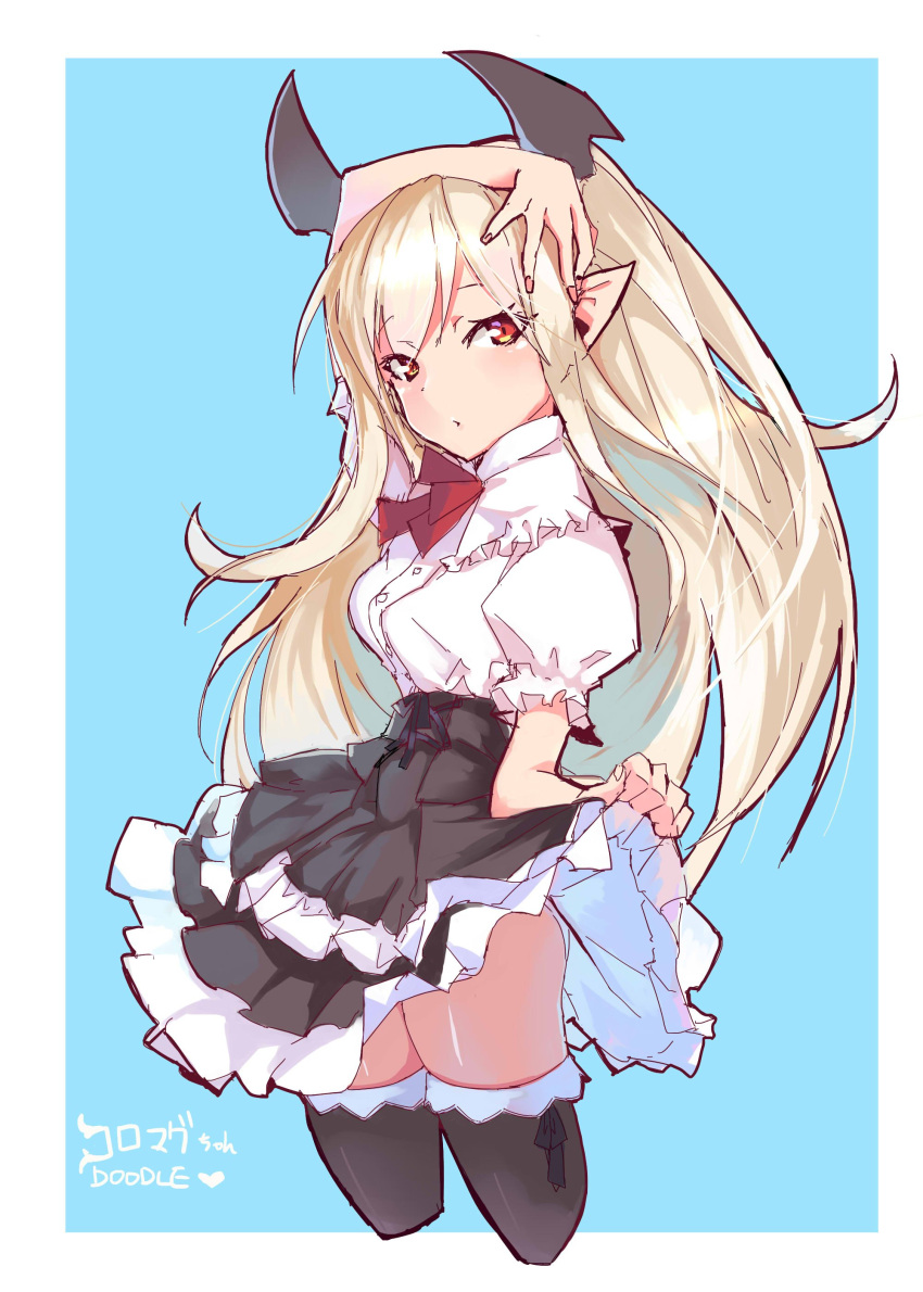 1girl, absurdres, alternate_hair_color, black_legwear, black_skirt, blonde_hair, borrowed_character, breasts
