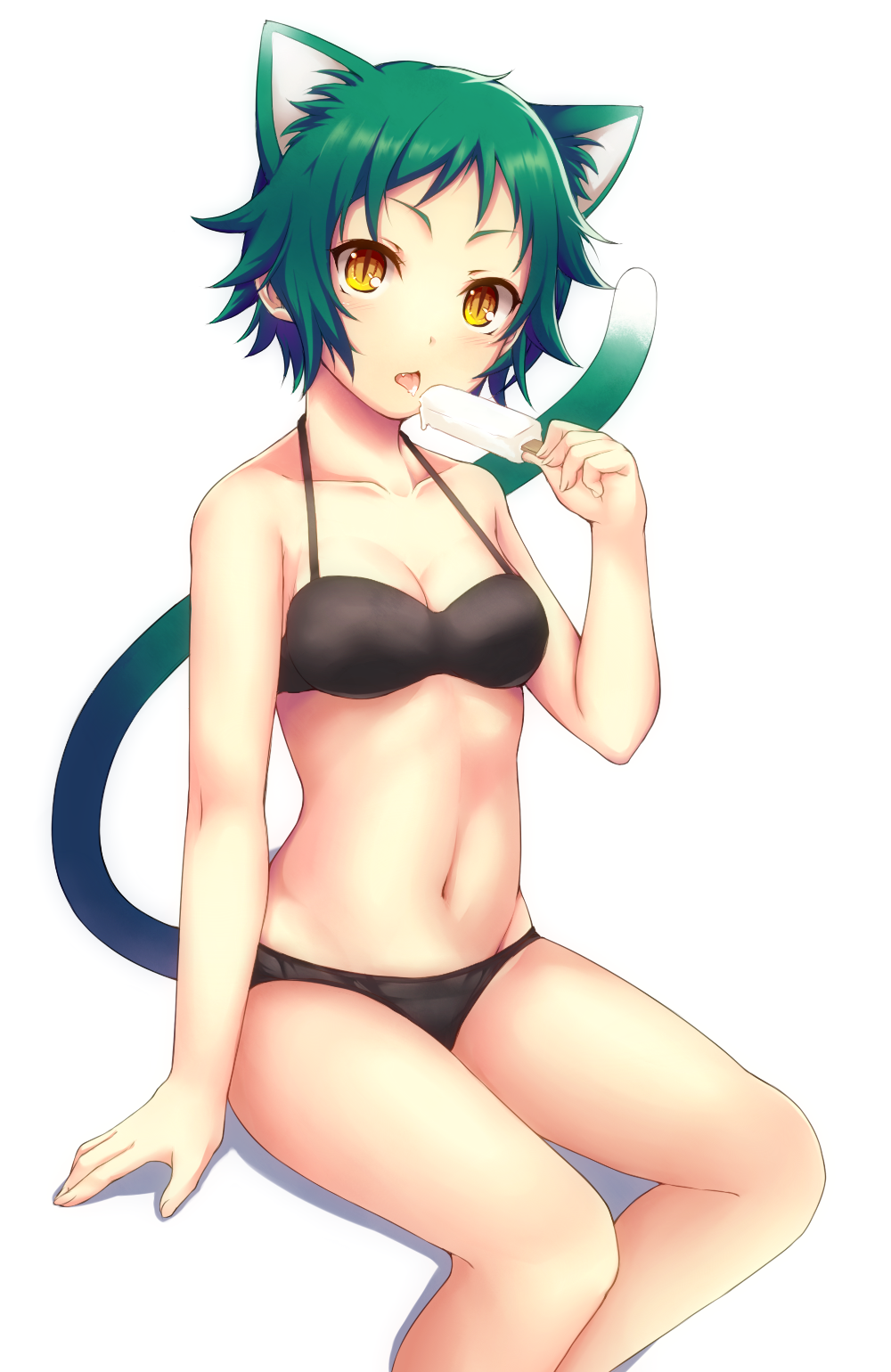 1girl, animal_ears, bikini, black_bikini, cat_ears, cat_tail, extra_ears, food