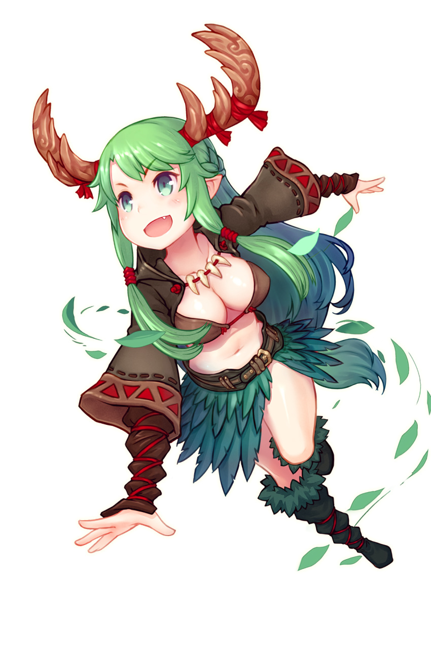 1girl, :d, antlers, belt, black_boots, black_legwear, blue_eyes, boots