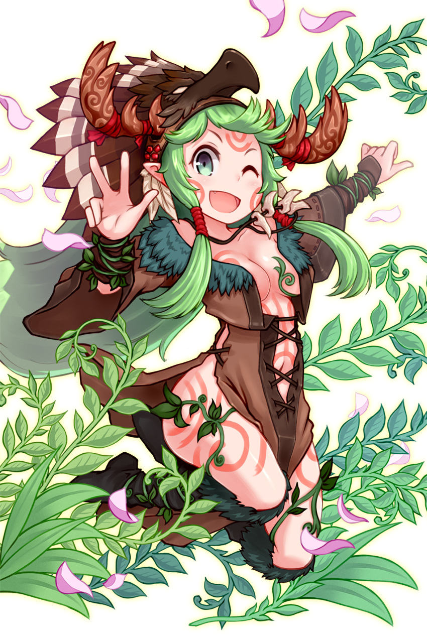 1girl, :d, antlers, black_boots, black_legwear, boots, breasts, cleavage